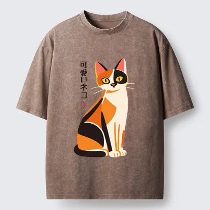 Tokyo-Tiger Cute Calico Cat Japanese Minimal Art Washed T-Shirt