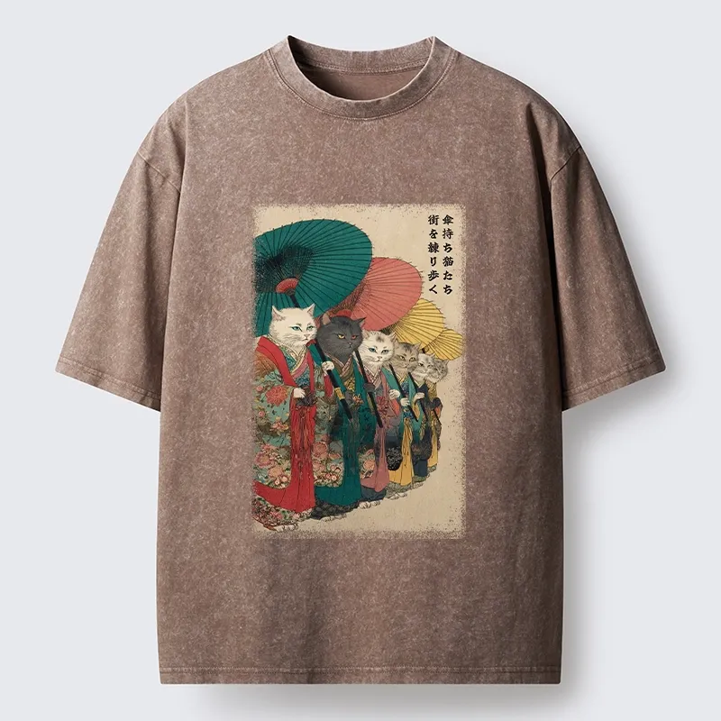 Tokyo-Tiger Kimono Cats Walk With Colorful Umbrellas Washed T-Shirt