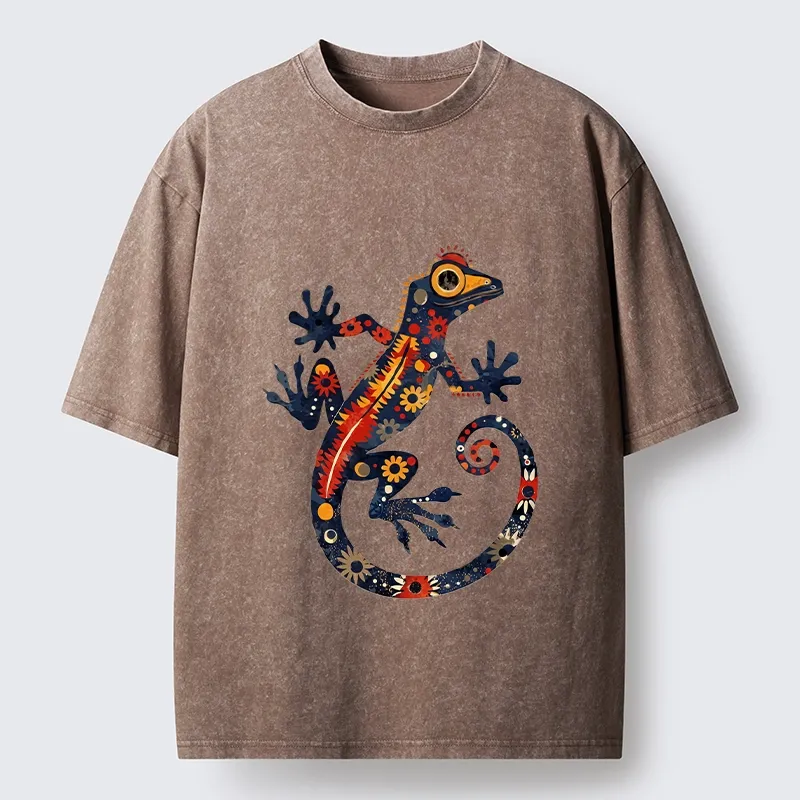 Tokyo-Tiger Colorful Folk Art Gecko Full Of Flowers Washed T-Shirt