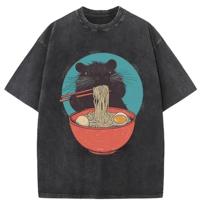 Tokyo-Tiger Hamster Eating Ramen Washed T-Shirt