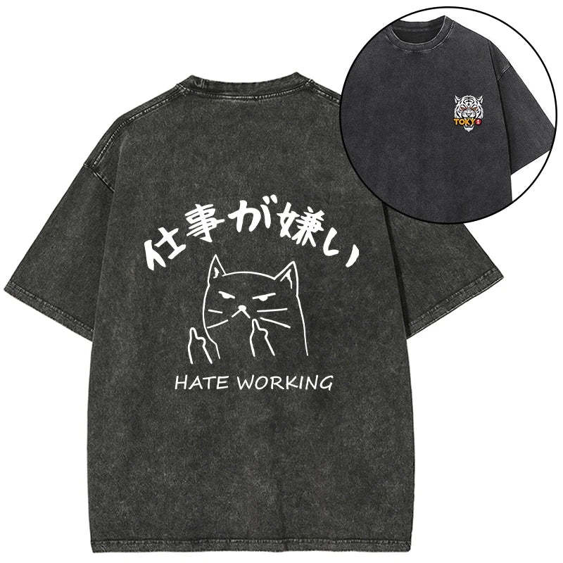 Tokyo-Tiger A Cat That Hates Work Front Back Washed T-Shirt-tokyo-tiger