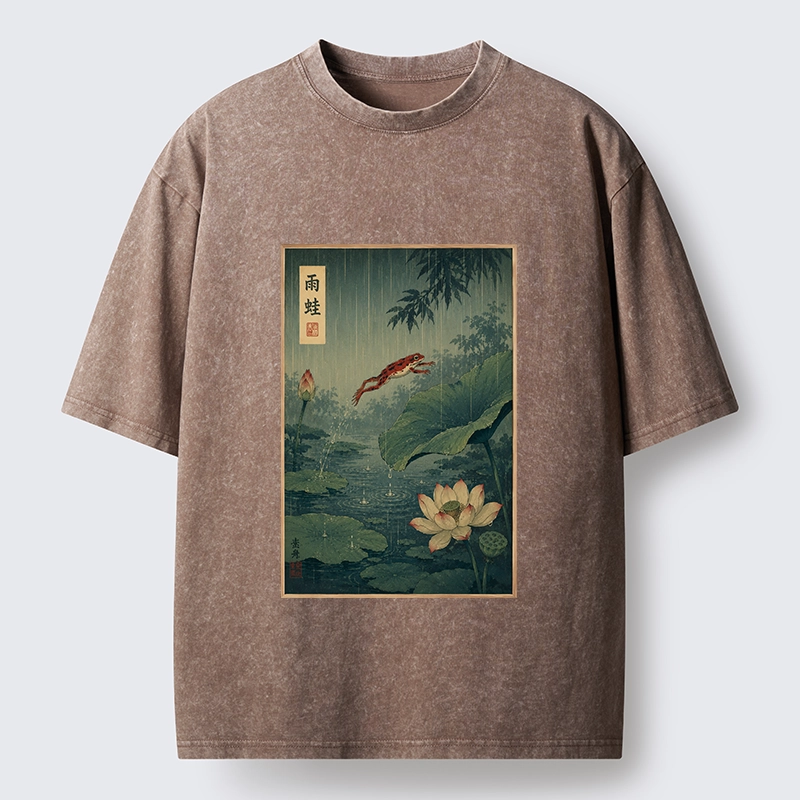 Tokyo-Tiger Vintage Asian Frog Jump Over Lotus Leaf Washed T-Shirt