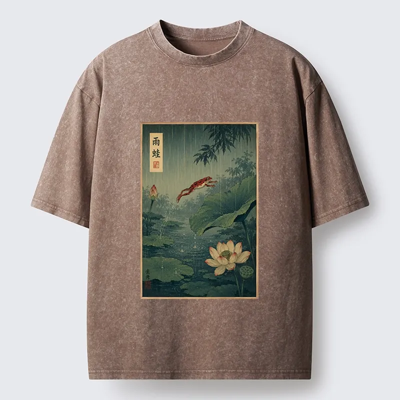 Tokyo-Tiger Vintage Asian Frog Jump Over Lotus Leaf Washed T-Shirt