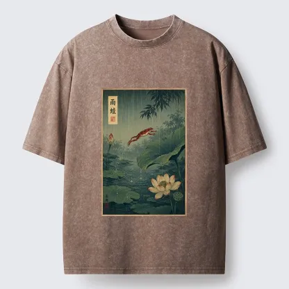 Tokyo-Tiger Vintage Asian Frog Jump Over Lotus Leaf Washed T-Shirt