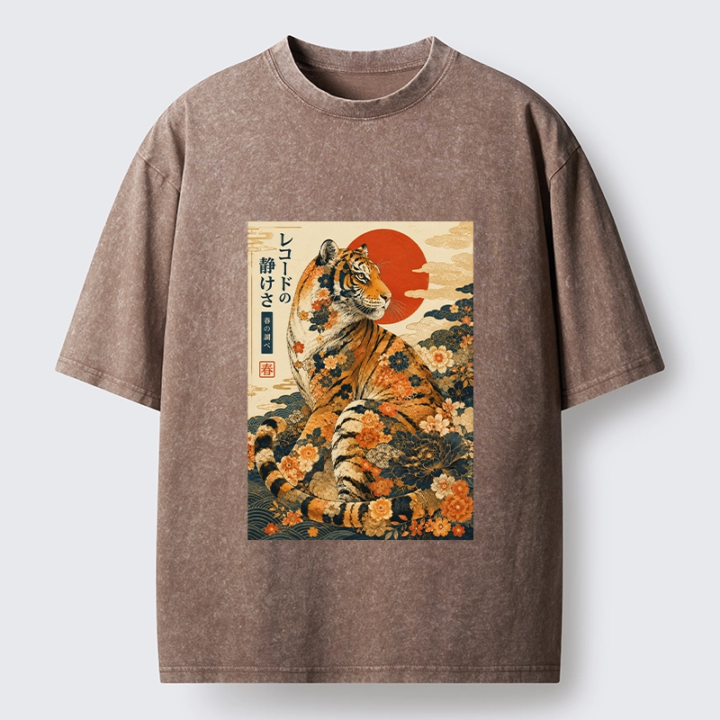 Tokyo-Tiger Vintage Floral Tiger Japanese Spring Art Washed T-Shirt