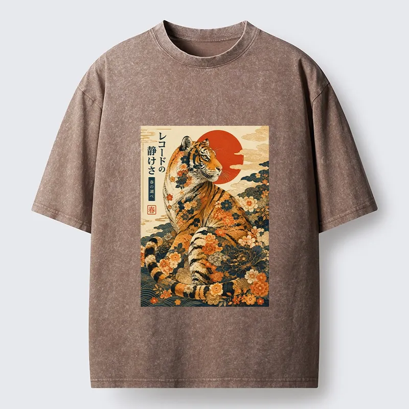 Tokyo-Tiger Vintage Floral Tiger Japanese Spring Art Washed T-Shirt