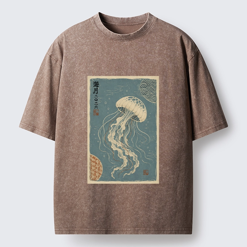 Tokyo-Tiger Vintage Blue Jellyfish Underwater Art Washed T-Shirt