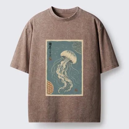 Tokyo-Tiger Vintage Blue Jellyfish Underwater Art Washed T-Shirt