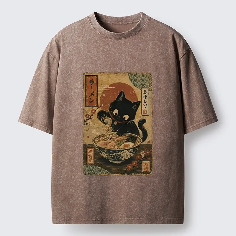 Tokyo-Tiger Japanese Cat Ramen Shop Poster Washed T-Shirt
