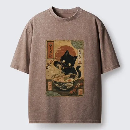 Tokyo-Tiger Japanese Cat Ramen Shop Poster Washed T-Shirt
