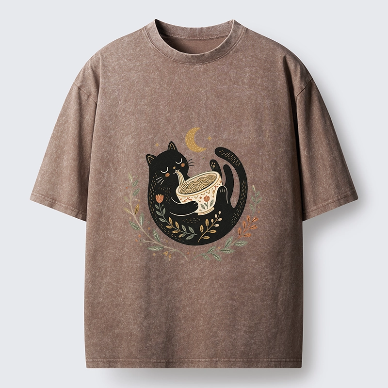 Tokyo-Tiger Soft Cute Black Cat Eat Noodle At Moon Washed T-Shirt