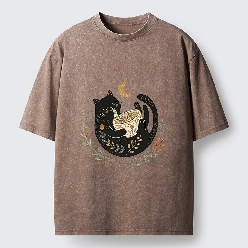 Tokyo-Tiger Soft Cute Black Cat Eat Noodle At Moon Washed T-Shirt