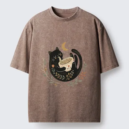 Tokyo-Tiger Soft Cute Black Cat Eat Noodle At Moon Washed T-Shirt
