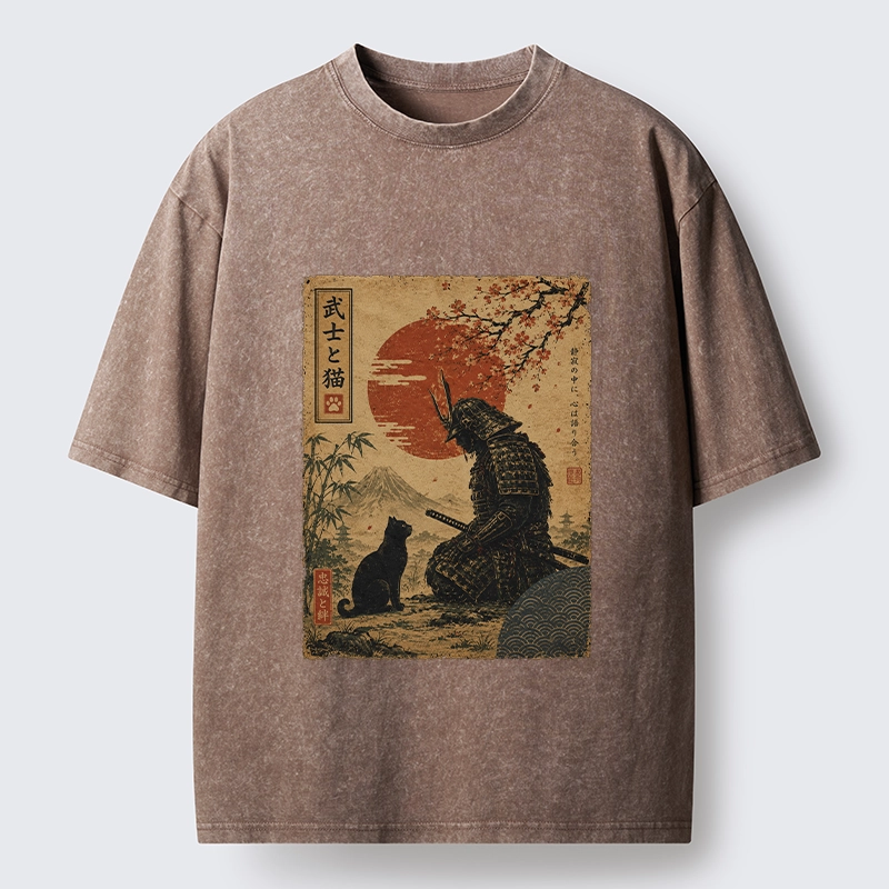 Tokyo-Tiger Samurai And Black Cat Mountain Washed T-Shirt