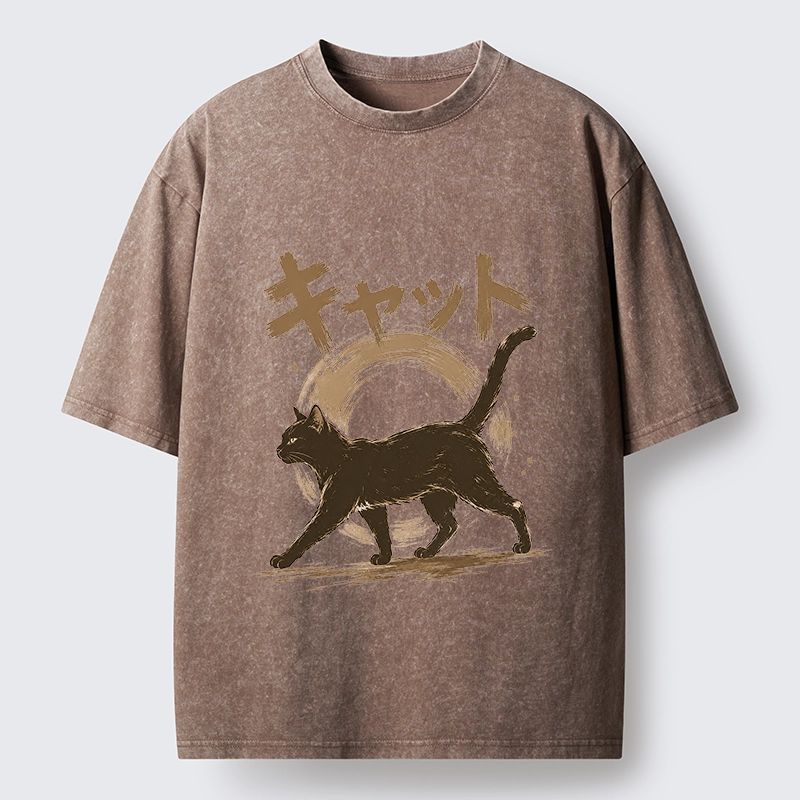 Tokyo-Tiger Retro Brush Stroke Black Cat Walking Washed T-Shirt