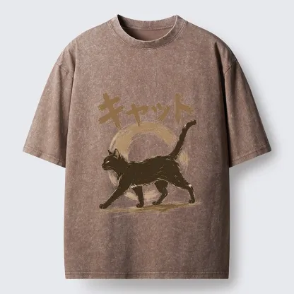 Tokyo-Tiger Retro Brush Stroke Black Cat Walking Washed T-Shirt