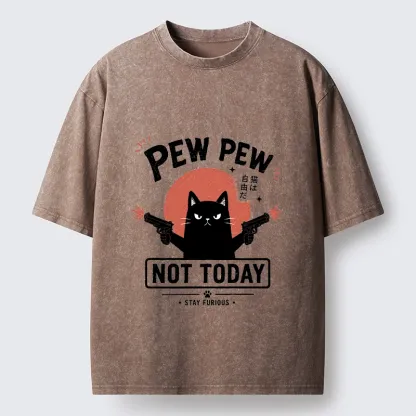 Tokyo-Tiger Not Today Black Cat Dual Pistols Mode Washed T-Shirt
