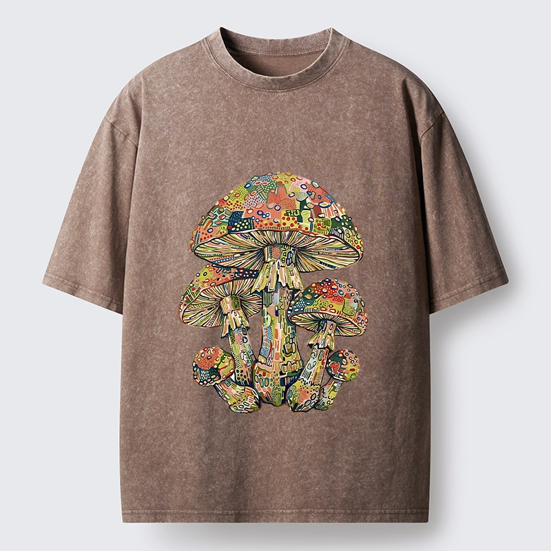 Tokyo-Tiger Tiny Black Cat Under Wild Rainbow Mushrooms Washed T-Shirt