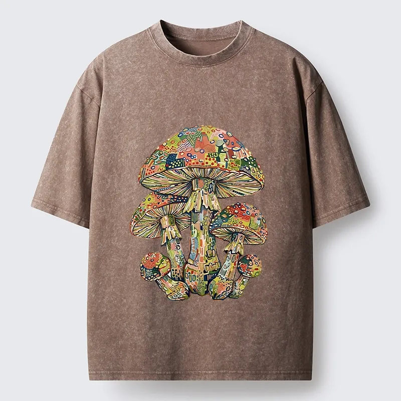Tokyo-Tiger Tiny Black Cat Under Wild Rainbow Mushrooms Washed T-Shirt