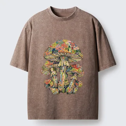 Tokyo-Tiger Tiny Black Cat Under Wild Rainbow Mushrooms Washed T-Shirt