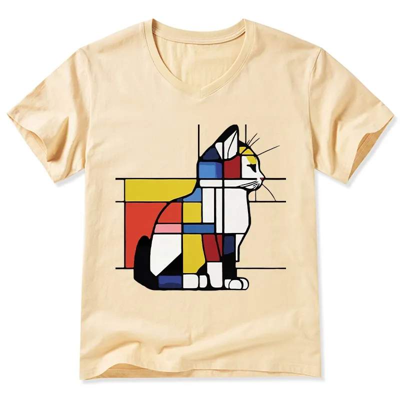 Tokyo-Tiger Geometric Cat Art In Primary Colors V-Neck Classic T-Shirt