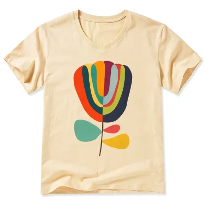 Tokyo-Tiger Colorful Flower Minimalist Print V-Neck Classic T-Shirt