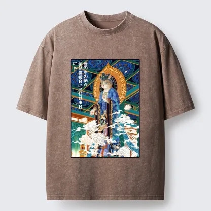 Tokyo-Tiger Peaceful Cat Buddha Asian Graphic Washed T-Shirt