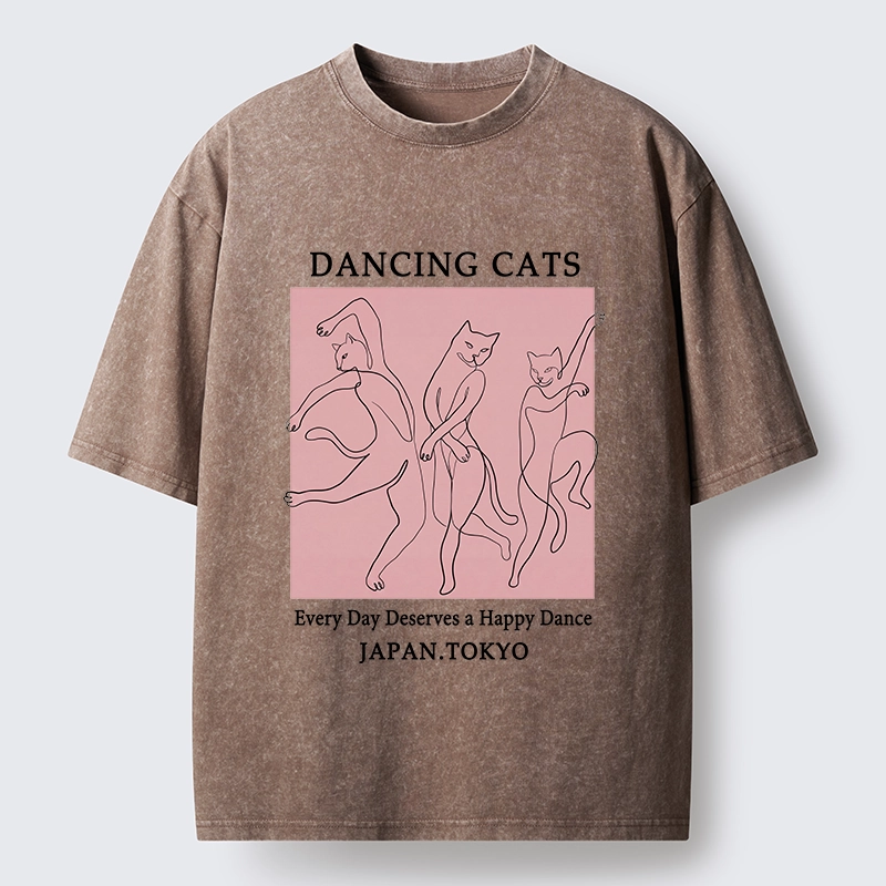 Tokyo-Tiger Happy Dance Cats Minimal Graphic Washed T-Shirt