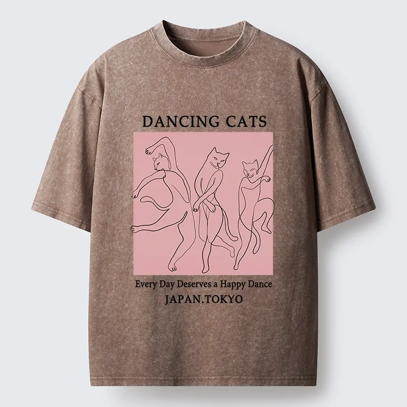 Tokyo-Tiger Happy Dance Cats Minimal Graphic Washed T-Shirt
