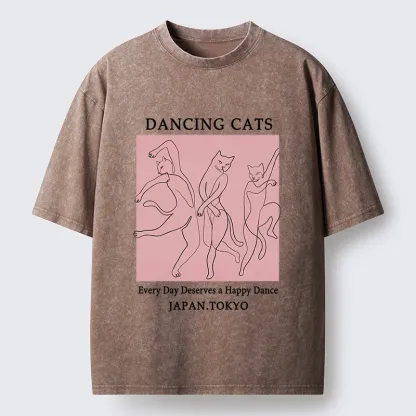 Tokyo-Tiger Happy Dance Cats Minimal Graphic Washed T-Shirt