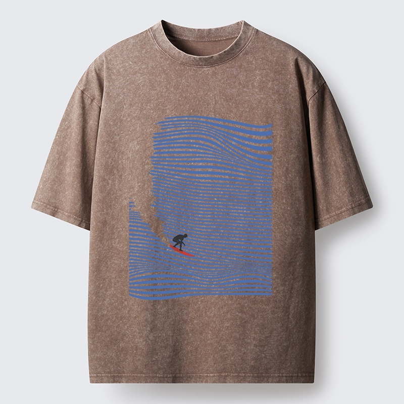 Tokyo-Tiger Ocean Line Surf Graphic Print Washed T-Shirt