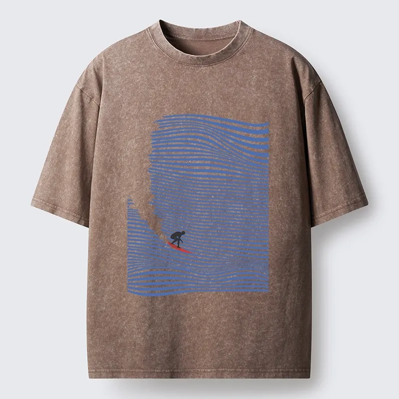 Tokyo-Tiger Ocean Line Surf Graphic Print Washed T-Shirt
