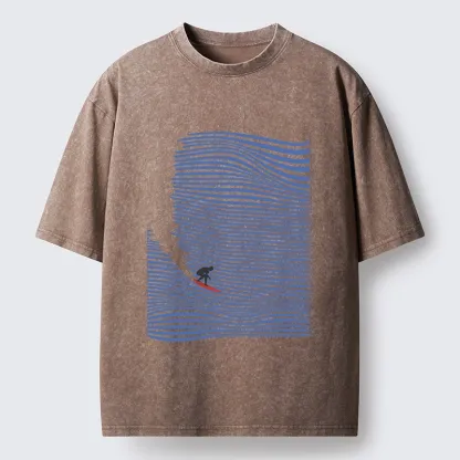 Tokyo-Tiger Ocean Line Surf Graphic Print Washed T-Shirt