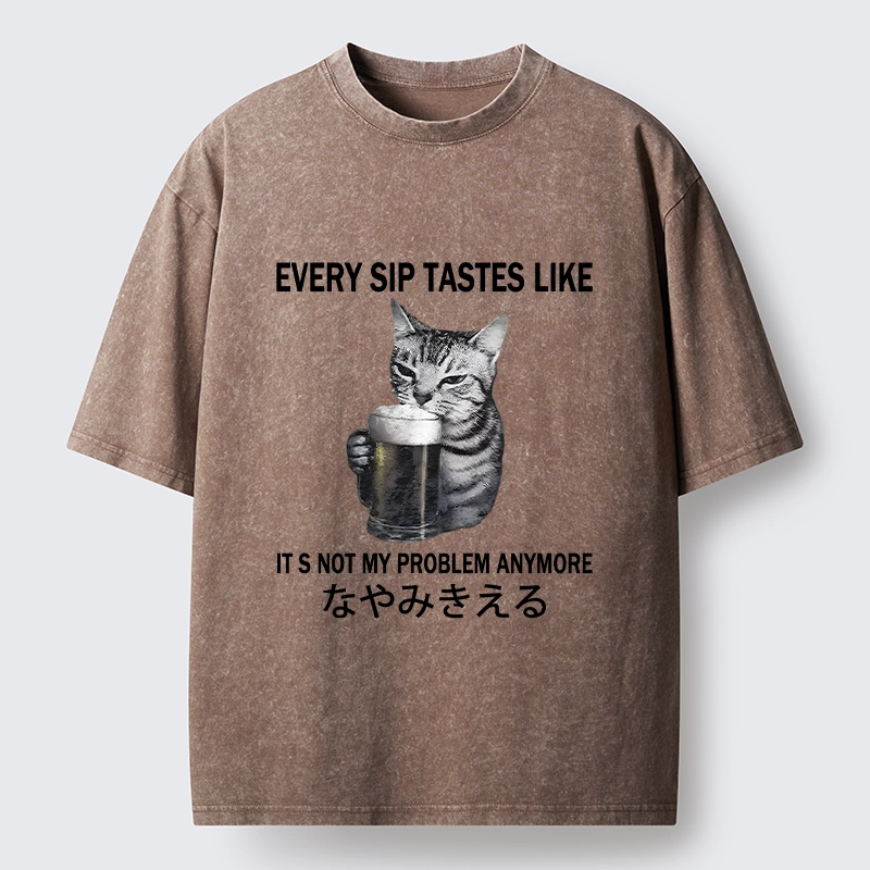 Tokyo-Tiger Chill Beer Cat Relax Graphic Washed T-Shirt
