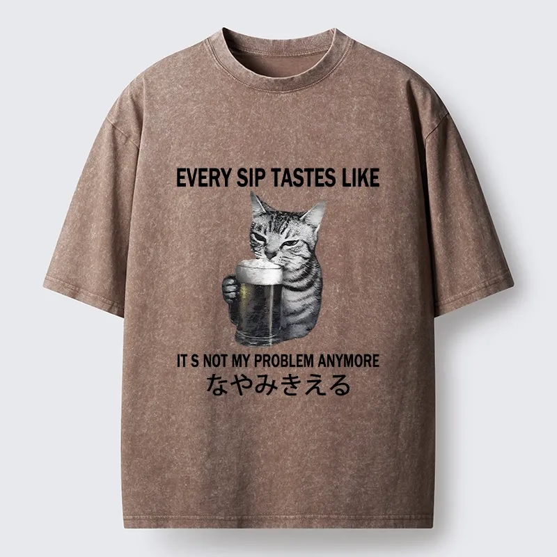 Tokyo-Tiger Chill Beer Cat Relax Graphic Washed T-Shirt