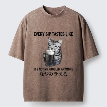 Tokyo-Tiger Chill Beer Cat Relax Graphic Washed T-Shirt
