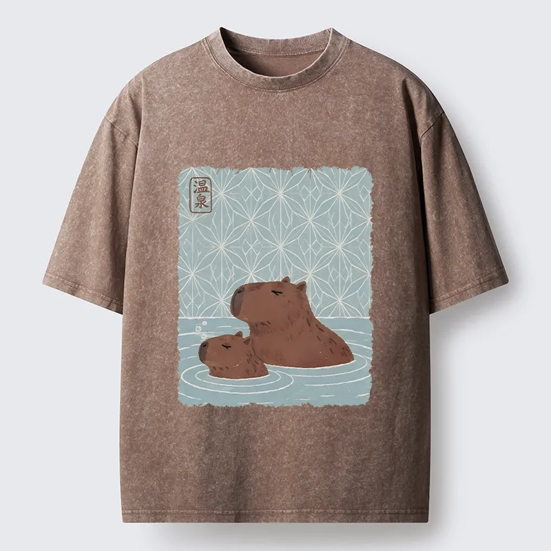 Tokyo-Tiger Onsen Capybara Calming Art Washed T-Shirt