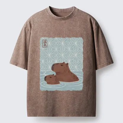 Tokyo-Tiger Onsen Capybara Calming Art Washed T-Shirt