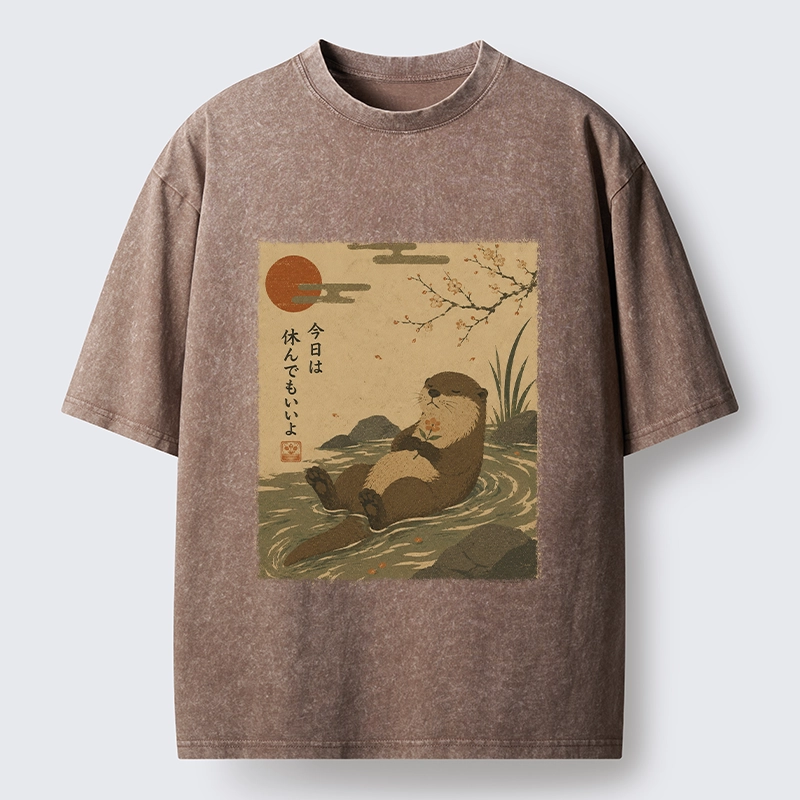 Tokyo-Tiger Floating Otter Relax Japanese Art Washed T-Shirt