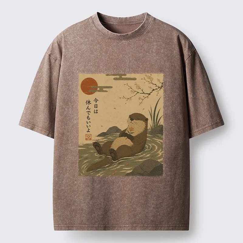 Tokyo-Tiger Floating Otter Relax Japanese Art Washed T-Shirt Sale