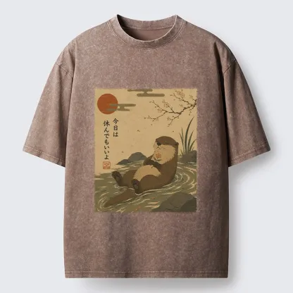 Tokyo-Tiger Floating Otter Relax Japanese Art Washed T-Shirt