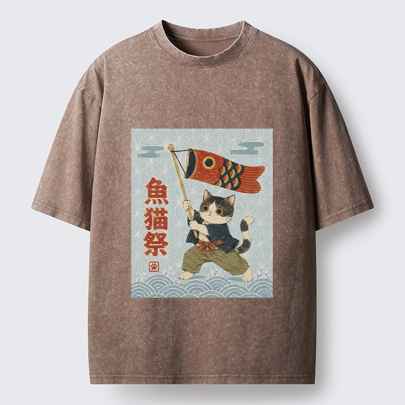 Tokyo-Tiger Koinobori Festival Cat Japanese Print Washed T-Shirt
