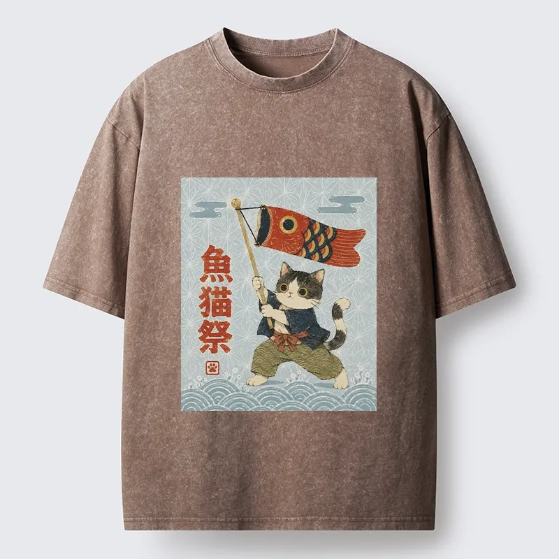 Tokyo-Tiger Koinobori Festival Cat Japanese Print Washed T-Shirt