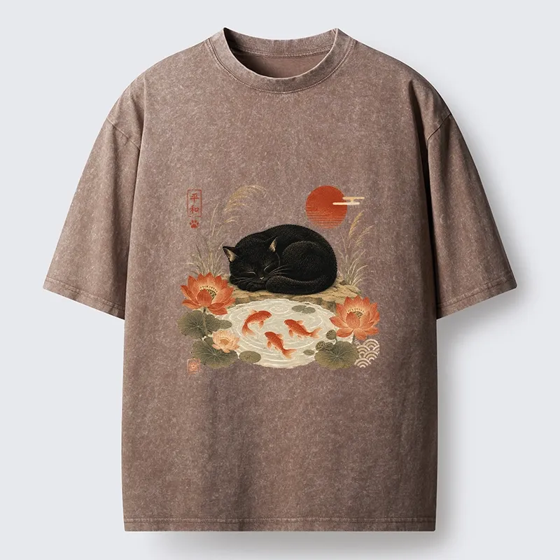 Tokyo-Tiger Peace Lotus Black Cat Koi Art Washed T-Shirt