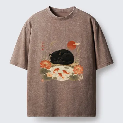 Tokyo-Tiger Peace Lotus Black Cat Koi Art Washed T-Shirt