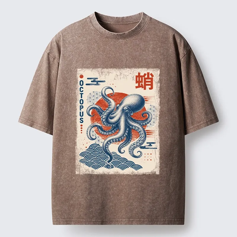 Tokyo-Tiger Vintage Japanese Octopus Wave Art Washed T-Shirt