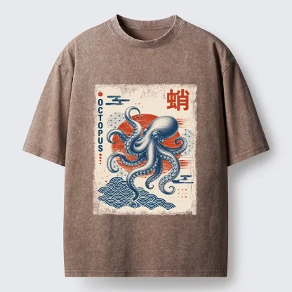 Tokyo-Tiger Vintage Japanese Octopus Wave Art Washed T-Shirt
