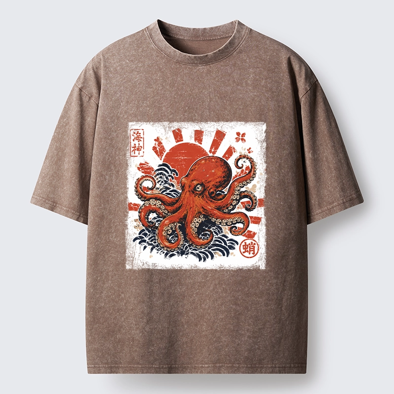 Tokyo-Tiger Bold Red Ocean Octopus Graphic Washed T-Shirt