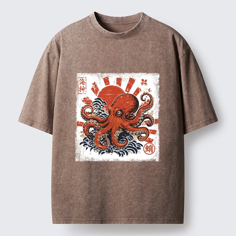 Tokyo-Tiger Bold Red Ocean Octopus Graphic Washed T-Shirt Sale