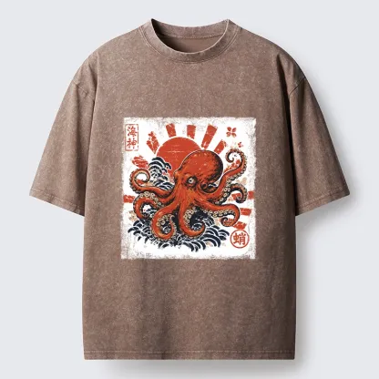 Tokyo-Tiger Bold Red Ocean Octopus Graphic Washed T-Shirt